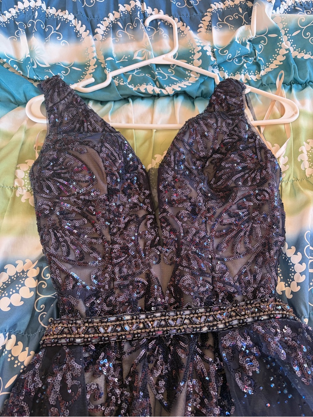 Sequined Deep V Evening Dress in Iridescent Black